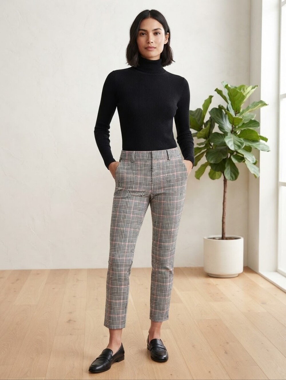 Old Navy Pixie High Rise Plaid Dress Trouser Pant 12P Black Ivory  Pink Pockets
